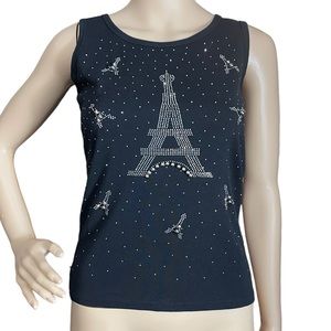 ZEVA M/L Eiffel Tower Paris embellished black tank top bling y2k 90s travel